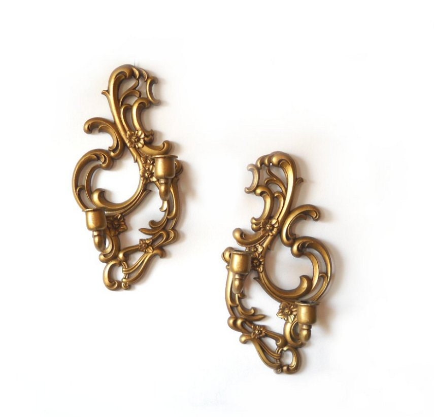 Vintage Candle Wall Sconces - Sexton Gilt Cast Iron - Shabby Chic Candle Holder- Set of 2