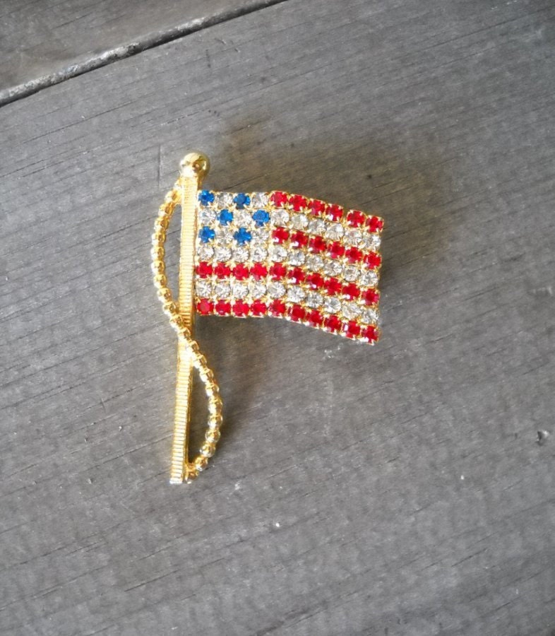 Vintage Flag Brooch Rafaelian USA Rhinestone Pin