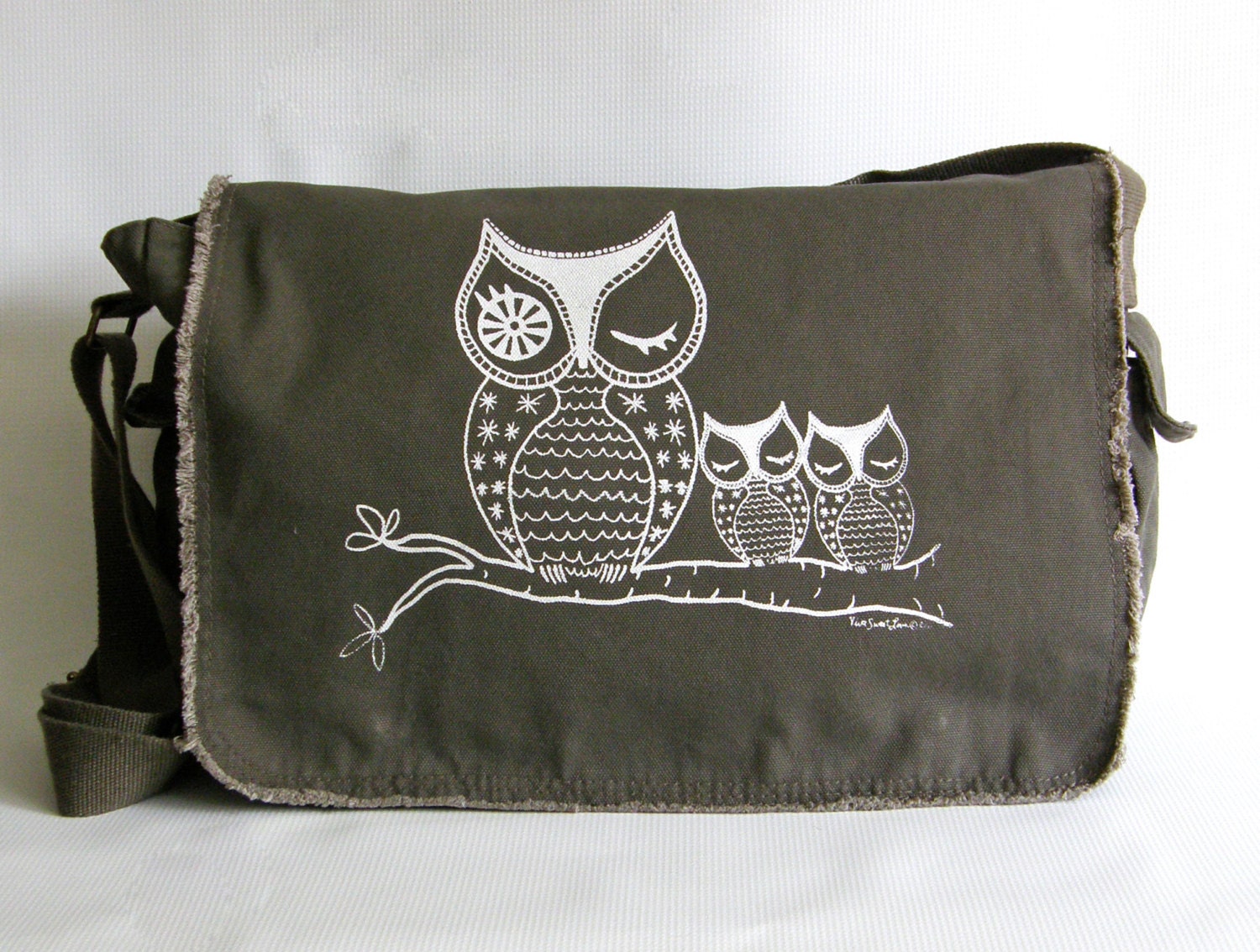 Owl Messenger Bag Hand Screen Printed Cotton Canvas-Khaki Green-Gift for Her-Under 40 Dollars