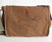 Gnome and Dachshund Messenger Bag--Screen Printed Cotton Canvas- Chocolate Brown, Putty-Gift Under 40 Dollars--Gift For Her