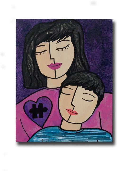 Autism Mom ART - Autism Awareness Art, Mother Son,  Autism Art, Autism Gift, Mother Gift, 11x14 Mixed Media Original by Claudine Intner