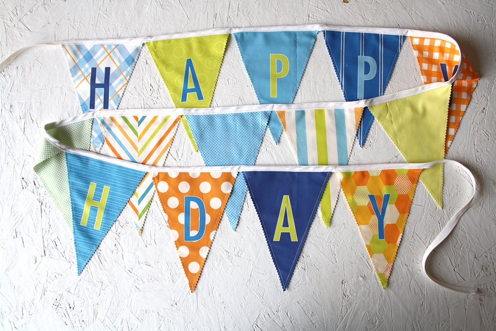 Boy Happy Birthday Fabric Flag Banner Garland, Blue Green Orange