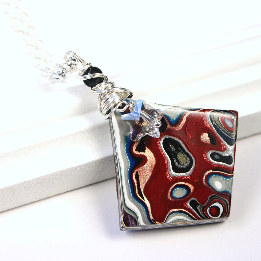 Detroit Fordite Necklace - Vintage Auto Paint Red White Blue Black Swirled Diamond Dagger Celestial Star Sterling Silver Galaxy Space