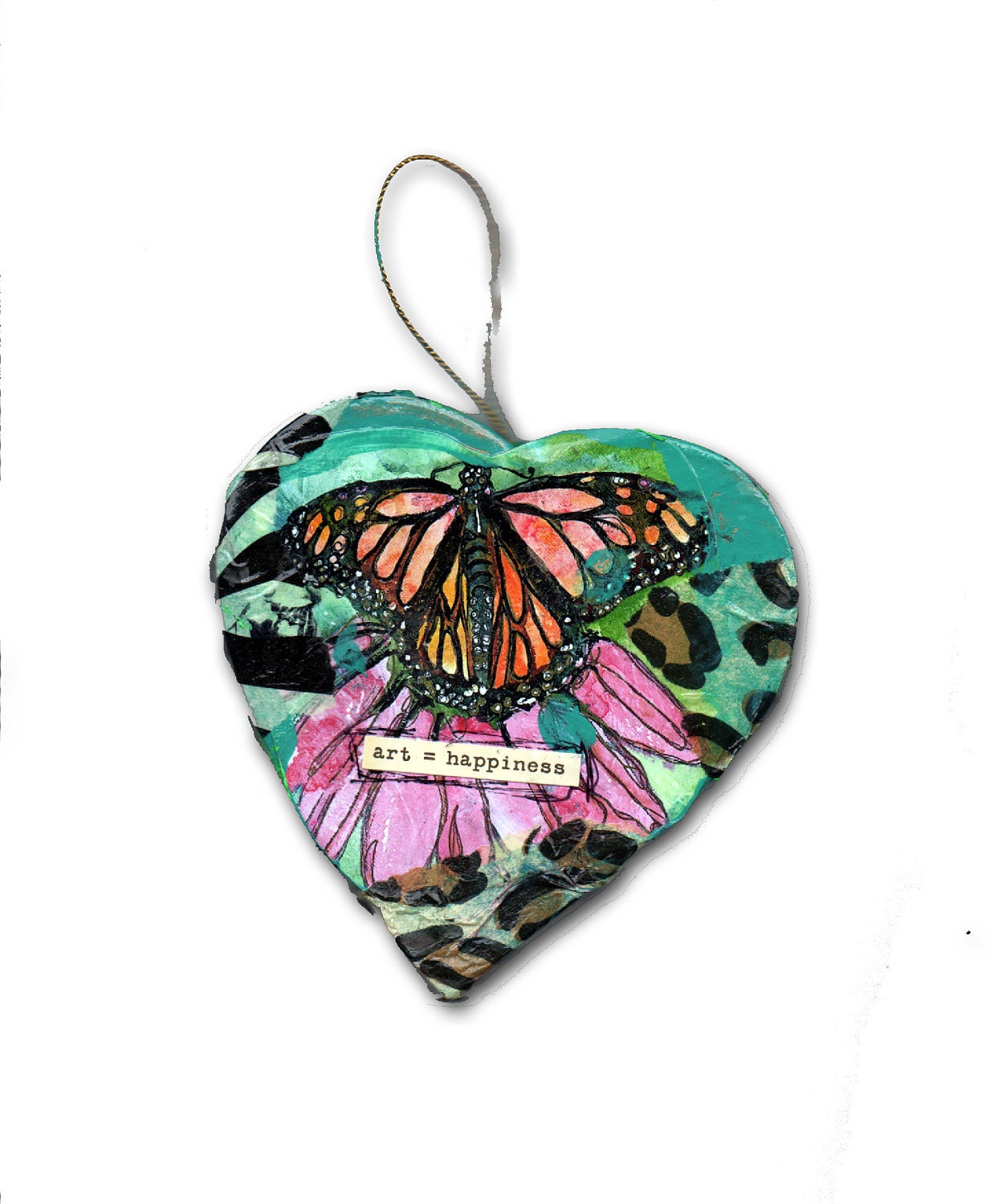 art Heart shaped Valentine Ornament, orange Butterfly Inspirational Art DEcor Gift,wall hanging