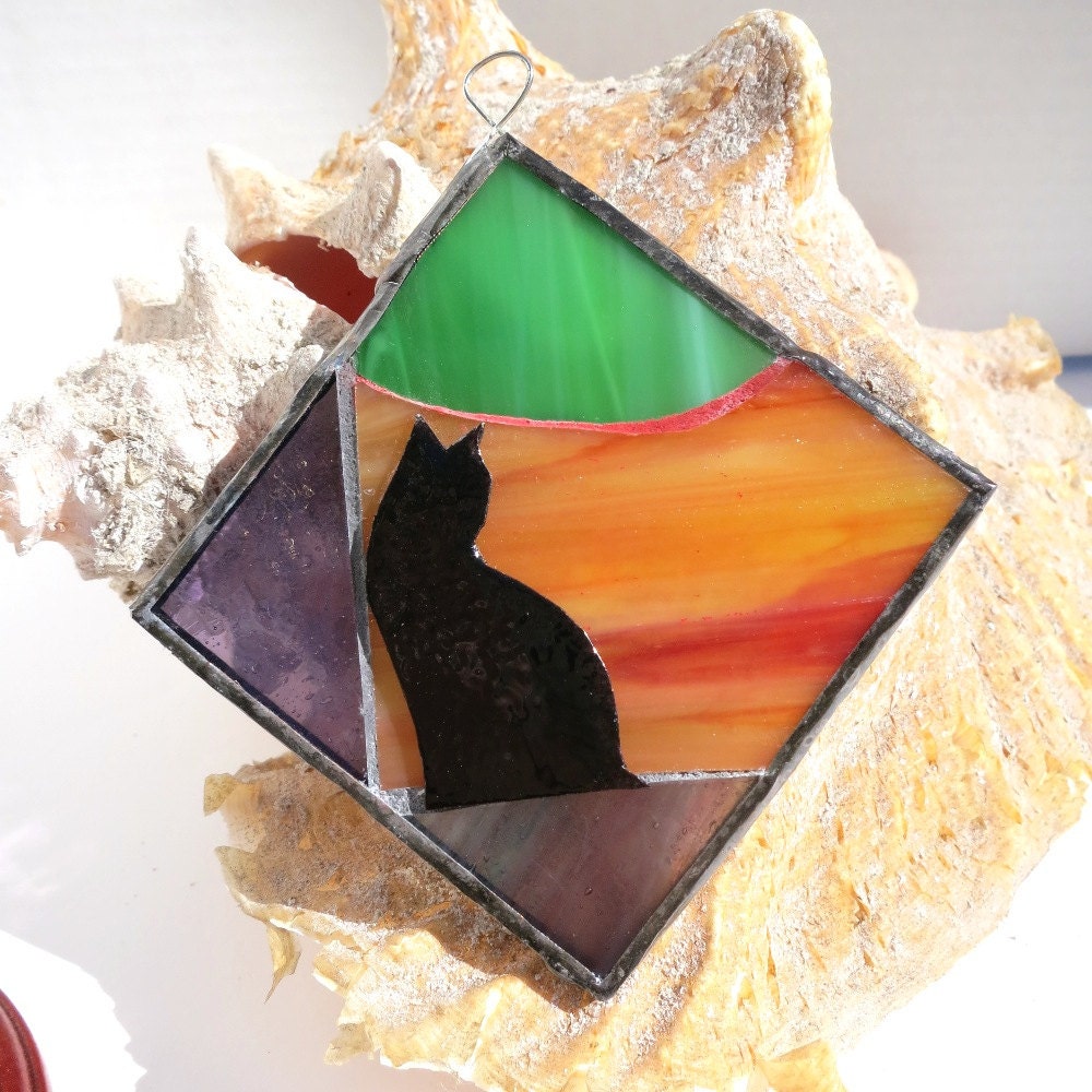 Stained Glass Mosaic Suncatcher - Black Cat Silhouette