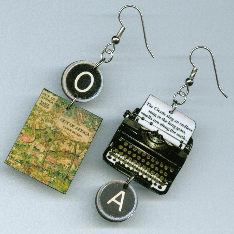 Book Earrings Out of Africa vintage Isak Dinesen Karen Blixen VINTAGE typewriter