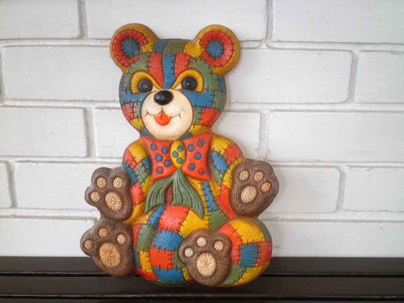 Cute Colorful Vintage Patchwork Teddy Bear Wall Hanging / Wall Art - Circa 1970s