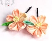 Sakura with Leaf Tsumami Kanzashi Bobby Pin Set