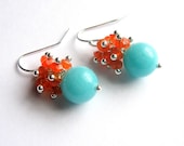 Orange, Blue Earrings, Carnelian Clusters, Baby Blue Jade, Sterling Silver