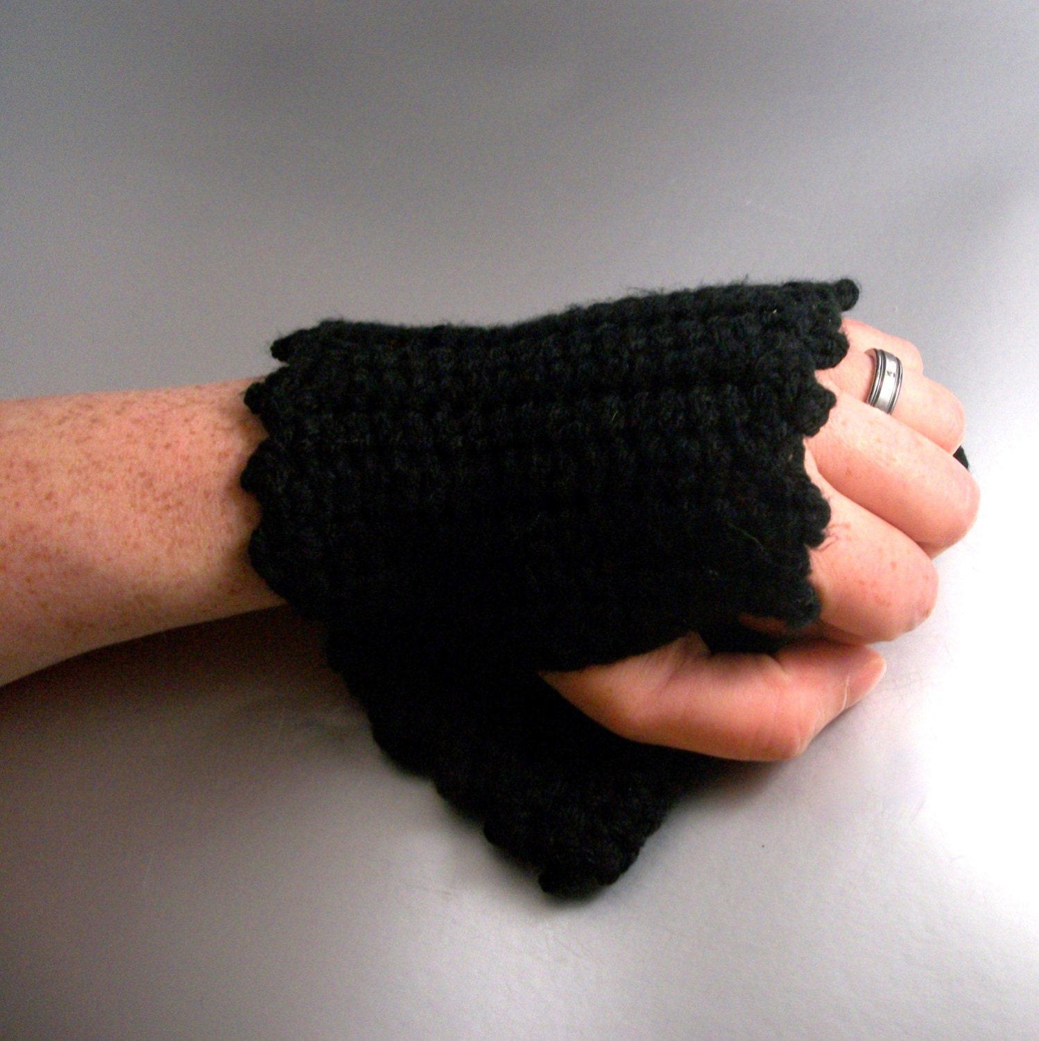 Black Crochet Hand Warmers with Picot Edging