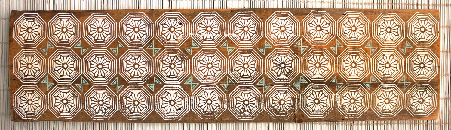 Geometric Diamonds Wall Hanging on Reclaimed Barn Wood  - White/Aqua - 12"x45"