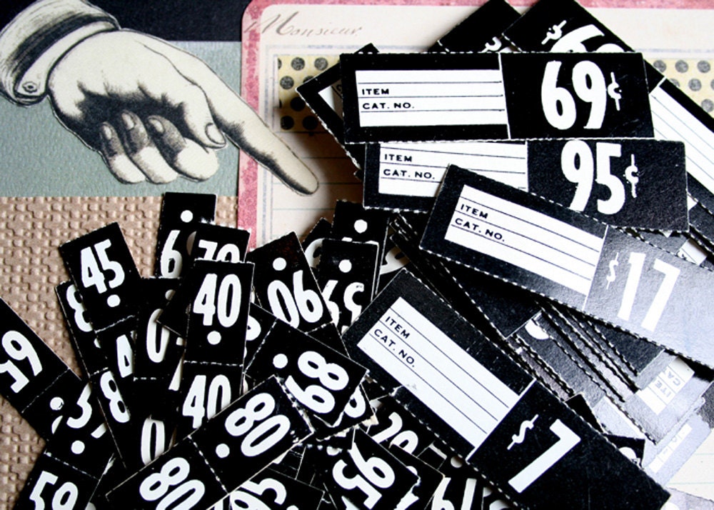 100 Piece Vintage Store Price TAGS Numbers EPHEMERA Collage Jewelry Black White Very Cool Paper Last One