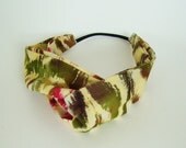 Turban Headband in pink, olive green, and cream ikat print cotton