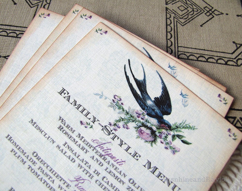 Wedding Menu Card- Vintage Barn Swallow and Roses