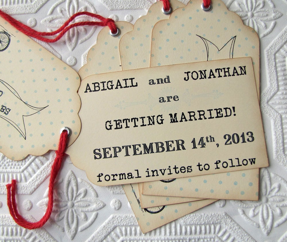 Vintage Wedding Save the Date Hinged Shipping Tags Tandem Bicycle