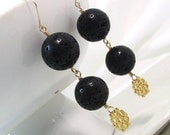 Long Black and Gold Lava Stone Dangle Earrings - Art Deco - Christian Earrings - Light in the Darkness