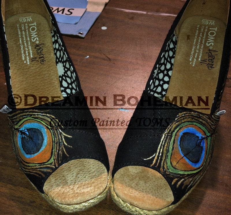 GORGEOUS Peacock Feather design hand painted on YOUR TOMS  design fee only