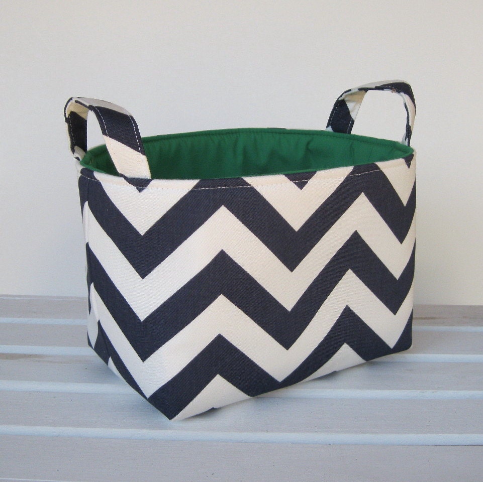 Fabric  Basket Organizer Storage Container Bin - Navy Blue and White Chevron