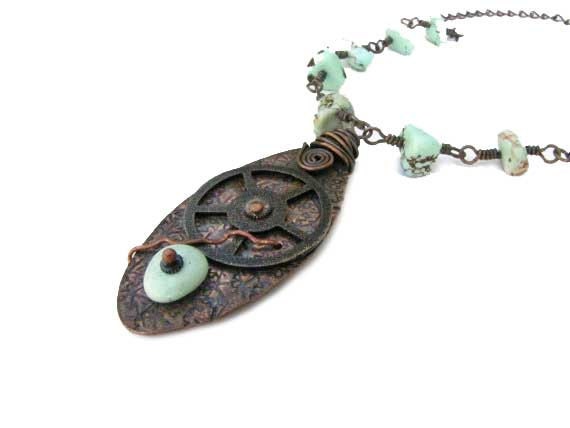 Steampunk Necklace Wire Wrapped Recycled Upcycled Eco friendly Metal Smith Repurposed Turquoise