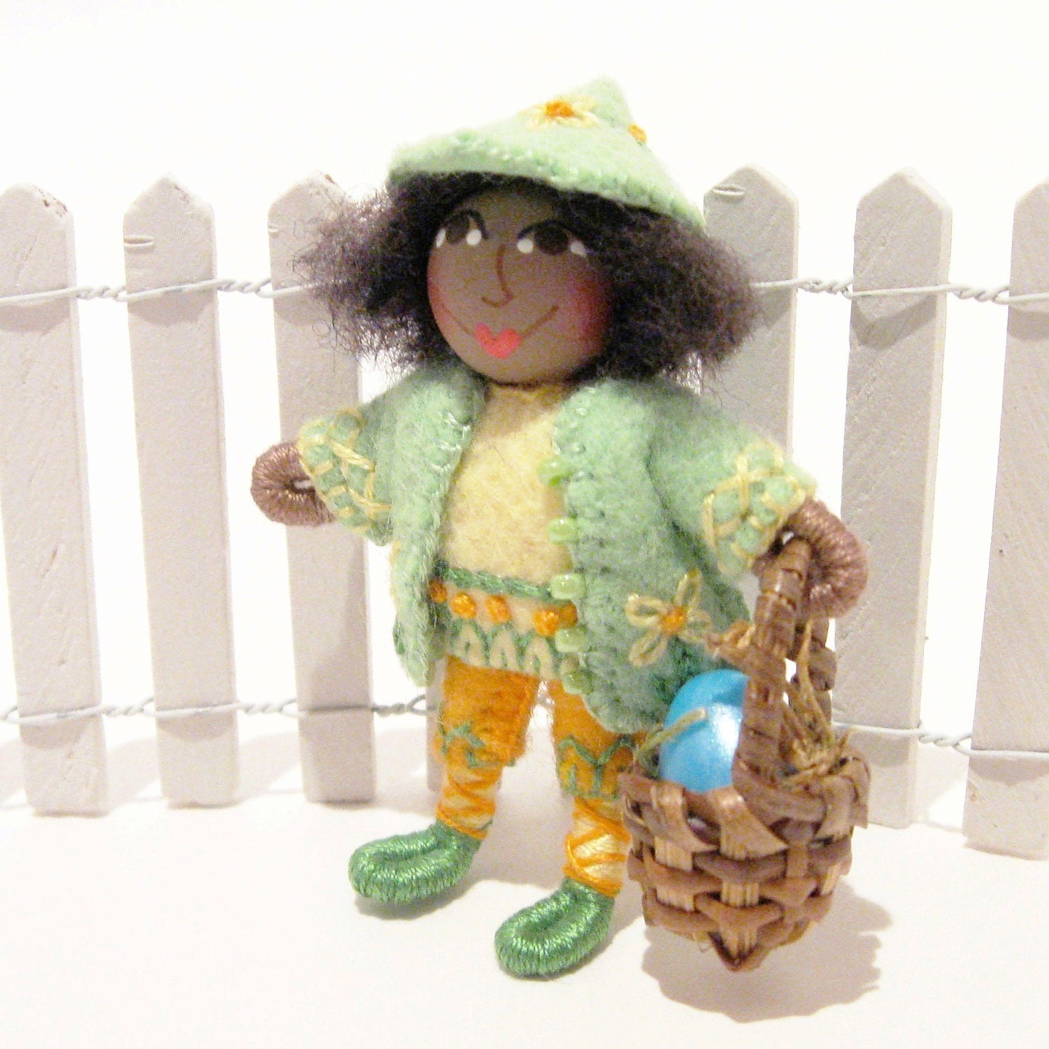 Art Doll, Miniature Boy Doll With Easter Basket, Hand Embroidered