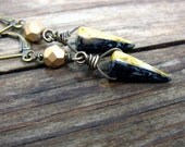 Blue and Cream Earrings - Gold Beaded Wire Wrapped Glass Picasso Spiked Dangles - Maid Marion