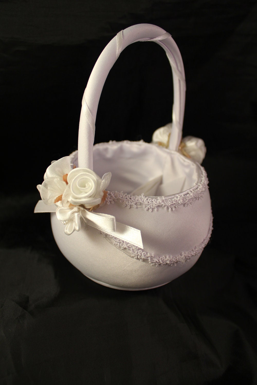 WHITE Satin Flower Girl Basket with Rhinestone by CustomRingChests