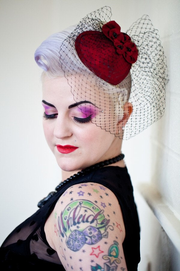 Red Satin Cocktail hat with Veil, heart shaped veiled cocktail hat, bridal fascinator, wedding fascinator