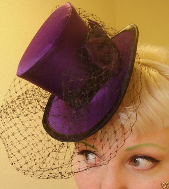 Satin mini top hat, satin cocktail hat, mini top hat fascinator , wedding fascinator, satin fascinator with veil, bridal hat