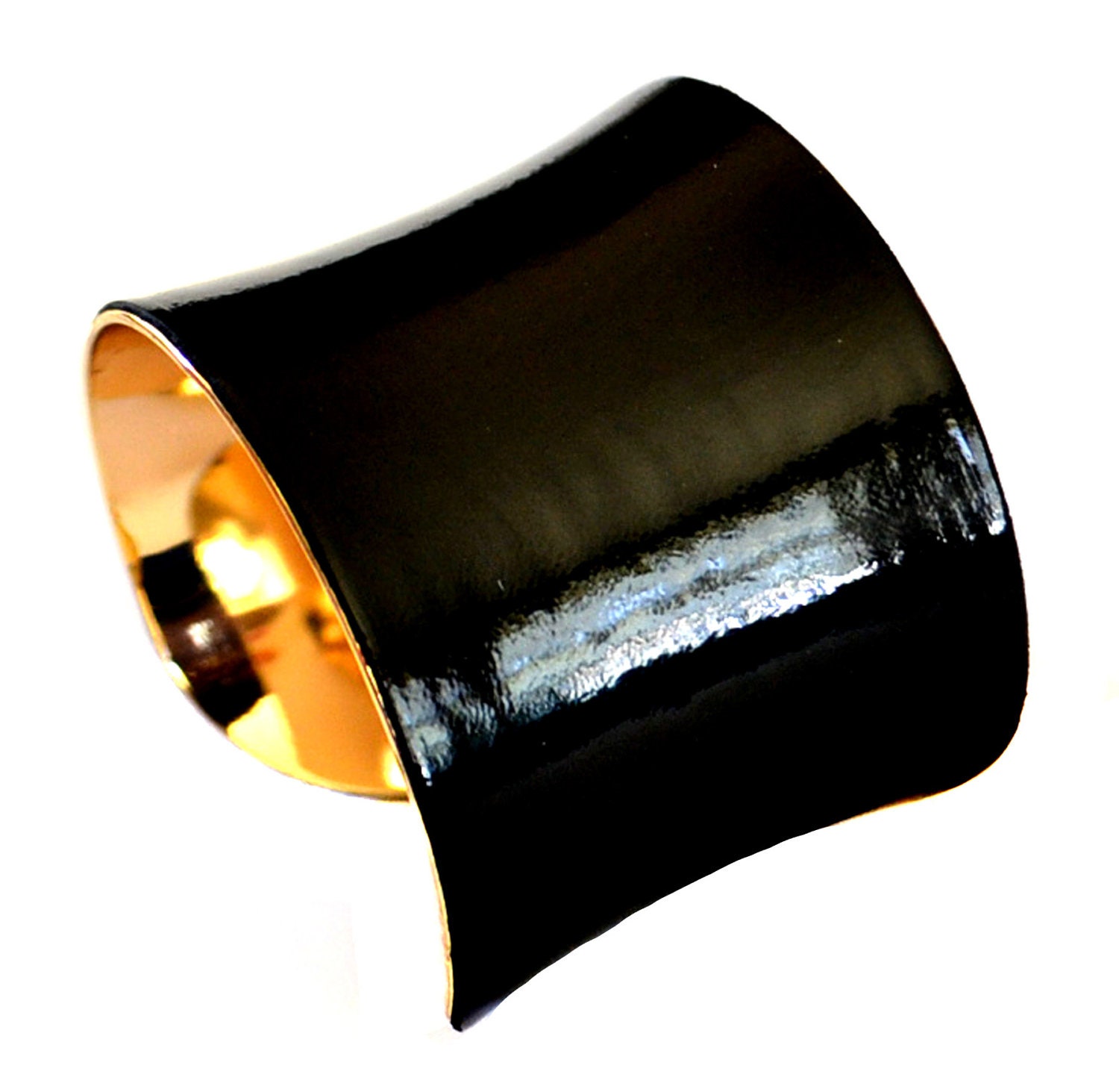 Gold Metal Cuff Bracelet in Black Patent Leather - by UNEARTHED