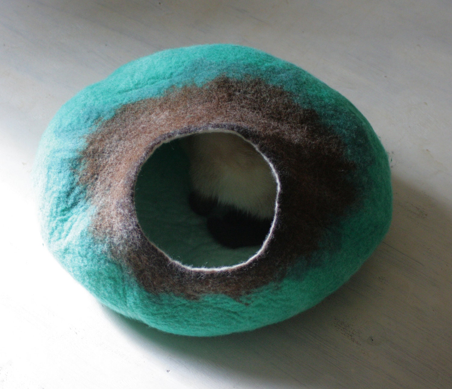 Cat Bed / Cave / House / Vessel - Hand Felted Wool - Teal Brown Bubble - Crisp Contemporary Design