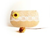 Country Rustic Sunflower Wedding Clutch Bridesmaid Gift Idea Clutch, wedding bridal purse, natural beige Burlap Lace clutch by Lolos