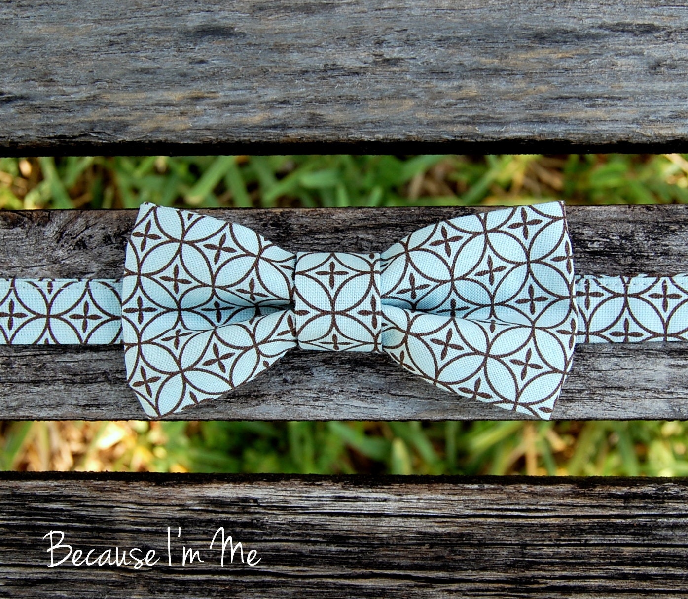 Mens Pale Blue and Brown Circular Geometric Pattern Bow Tie, pre-tied and adjustable bowtie