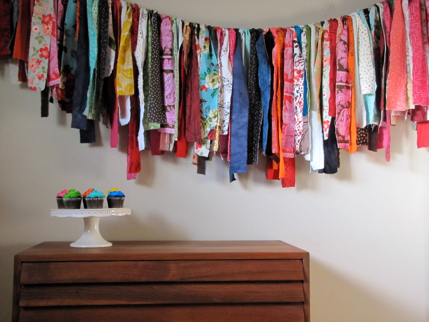 Extra long colorful hand dyed and vintage torn fabric garland
