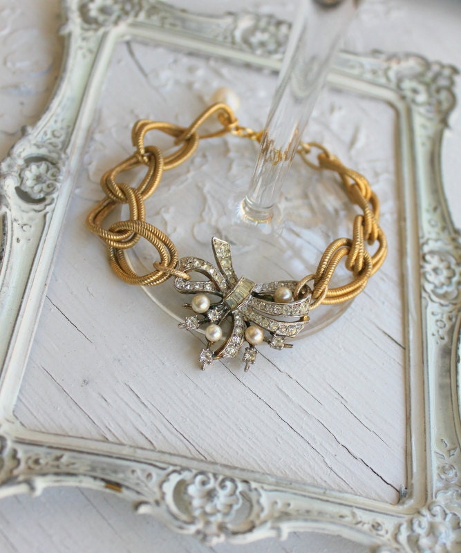 Vintage Rhinestone Pearl and Brass Assemblage Bracelet...Impossible