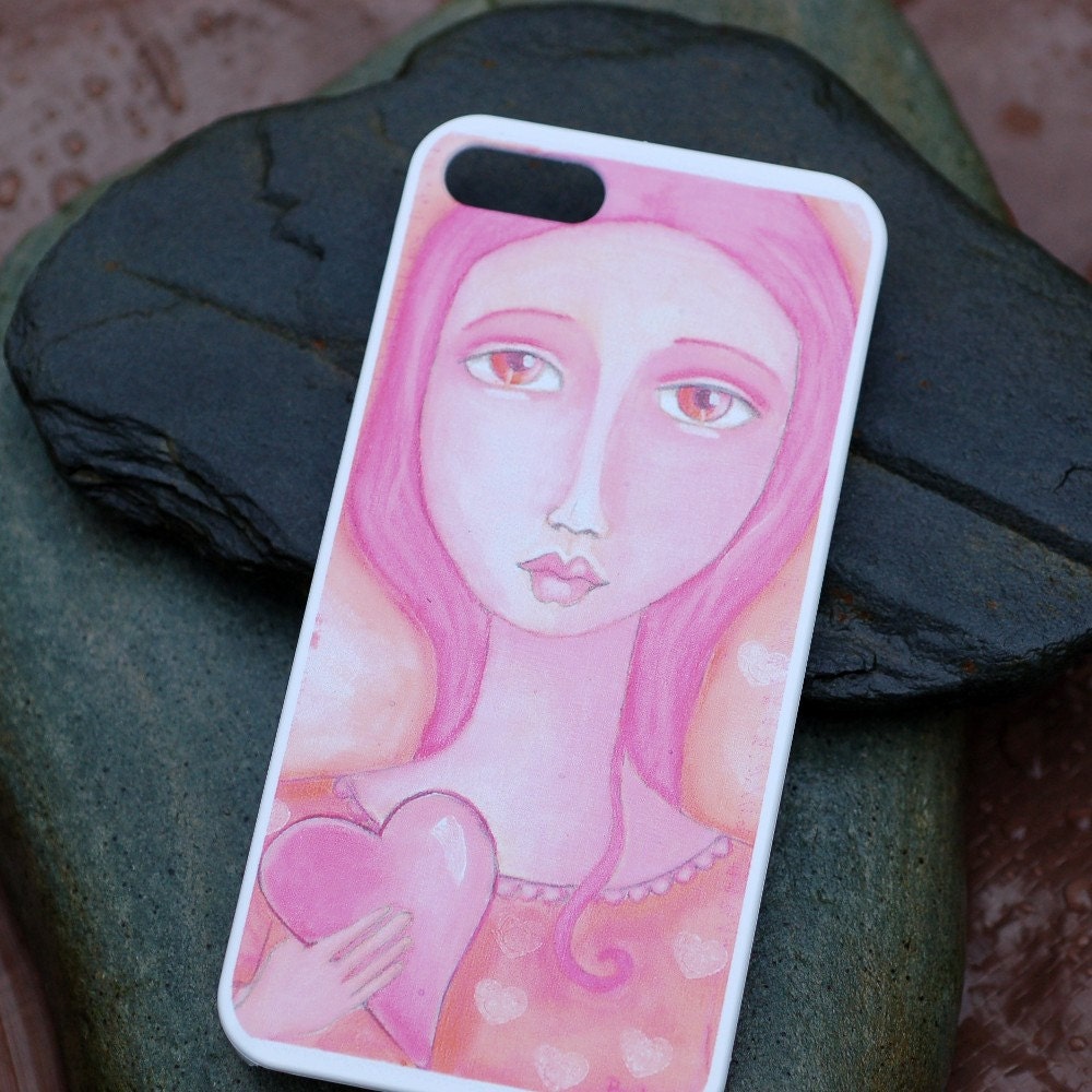 Iphone 5 Case Original Artwork Pink Girl Heart Folk Art Love White Hard Plastic - Holding ON