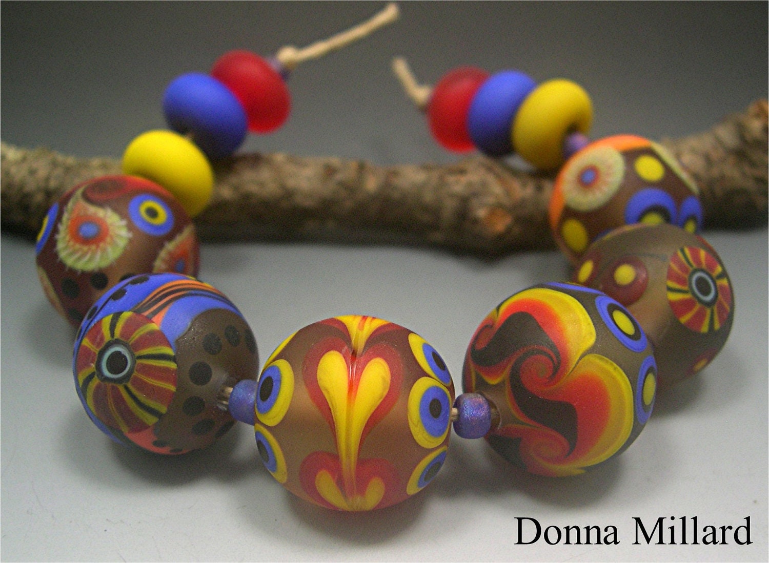 HANDMADE LAMPWORK Glass Beads SET Donna Millard sra lamp work red orange blue yellow black tribal trade beads lamp work