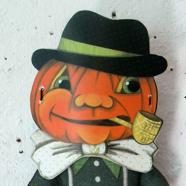 Halloween Pumpkin JOL Mask Doll -- Tiny Original Folk Art Printed and Stuffed Ornament