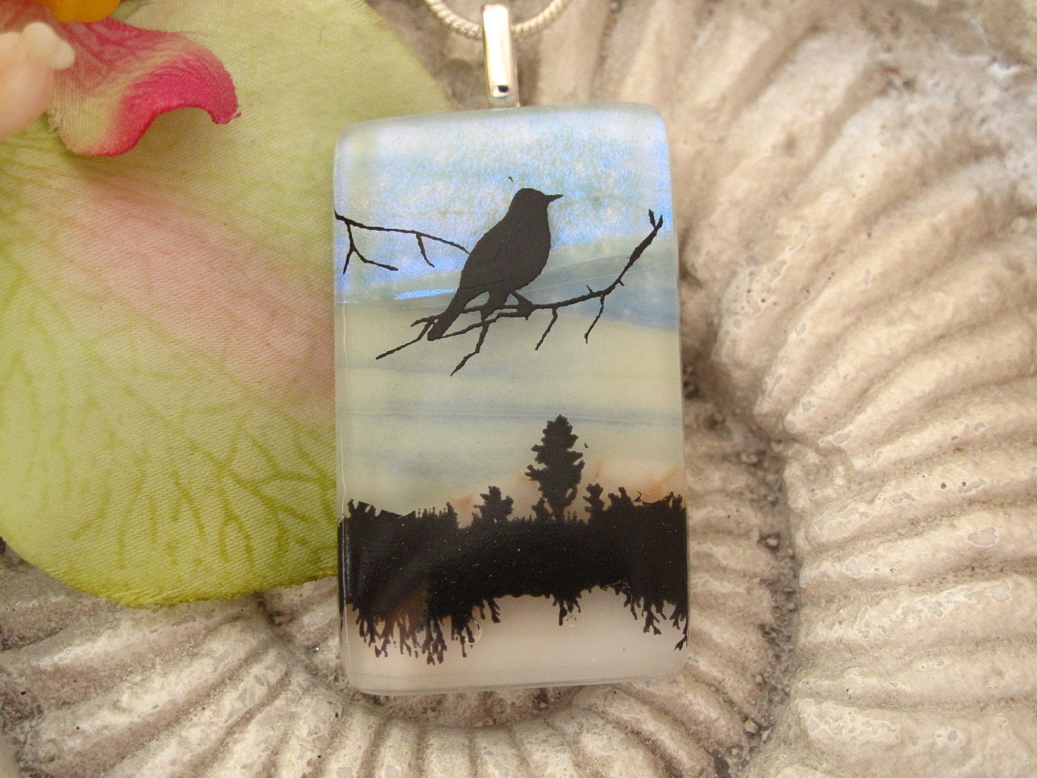 Bird Necklace - Dichroic Glass Jewelry - Fused Dichroic Glass Pendant & Necklace 100712p110