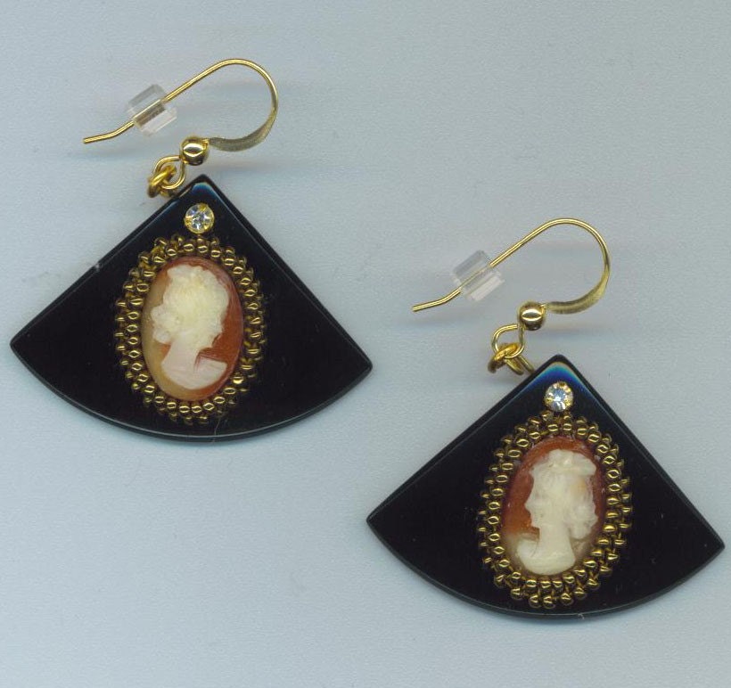 Black Onyx Earrings . Genuine Cameos . Fan shape Onyx Triangle . Beaded Beadwoven - Faces from the Past Series by enchantedbeads on Etsy