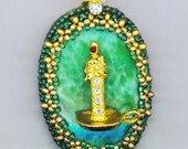 Beadwoven Candle Pendant . Seed Bead Frame . Statement Pendant  . Gold Plated Chain - Green Candle by enchantedbeads on Etsy