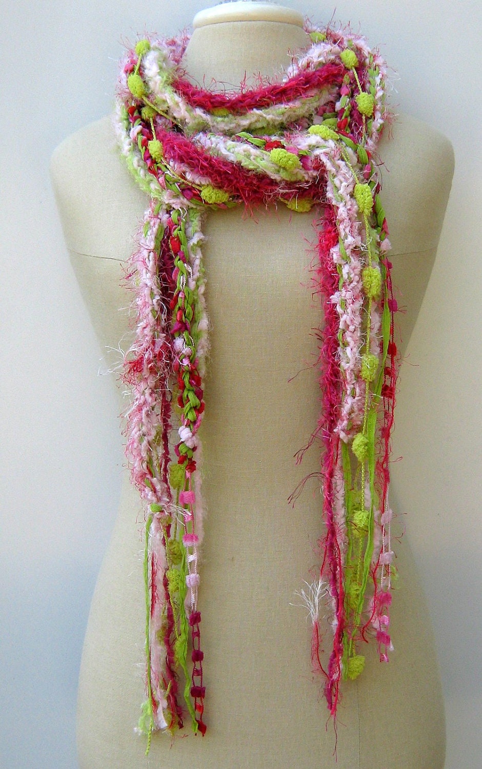 Pink Lime Gypsy Fringe Braids Scarf skinny lariat vegan Hippie neck wear