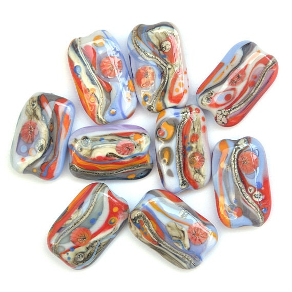 Summer Shadows - Handmade Lampwork Glass Bead Set in Periwinkle, Lavender, Grey, Orange and Coral (9)