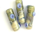 Soft - Lampwork Glass Bead Set in Pale Green, Ivory and Blue, Tube Shapes (3)