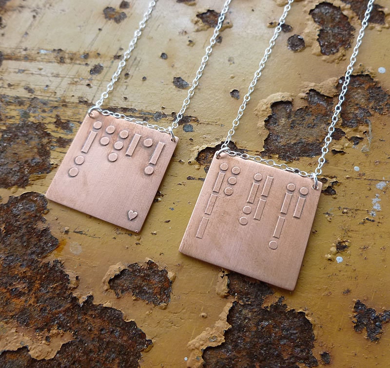 personalized etched copper morse code necklace sterling silver chain initials monogram custom pendant jewelry gift for her