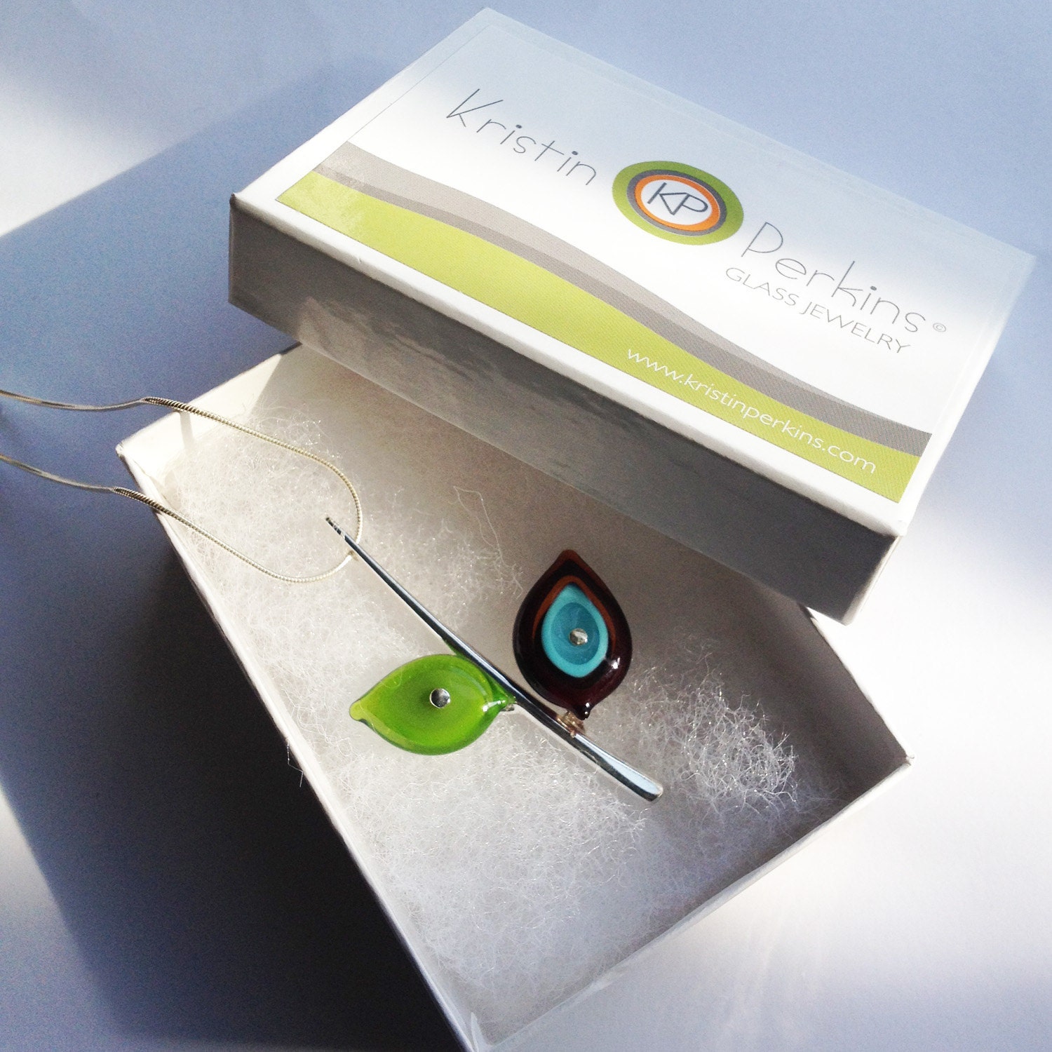Glass Leaf Necklace - Tiny Double Leaf in Brown Turquoise and Green - Ready to ship