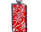 red and silver necklace pendant - glass and Japanese chiyogami pendant necklace - red and silver damask