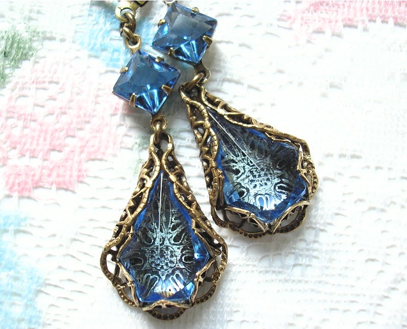 Misty Blue Sapphire - Filigree Wrapped Vintage Glass Jewel Earrings