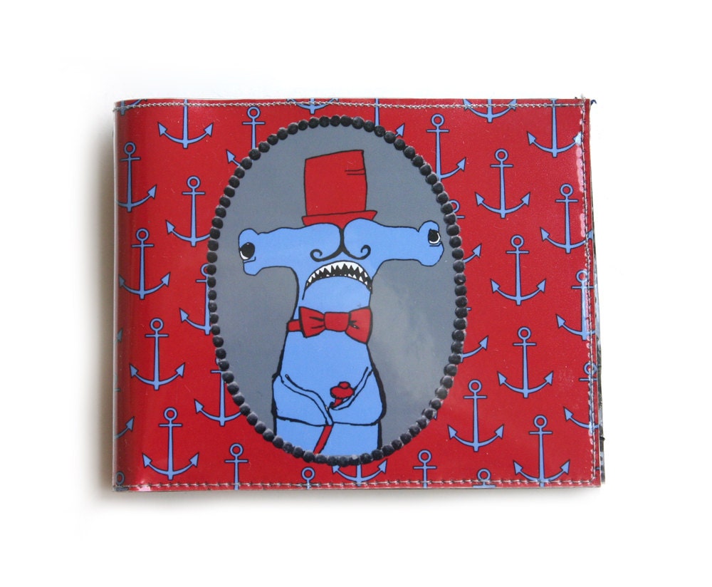 Dapper Hammerhead Shark Vinyl Wallet - Original Illustration with Anchor  Pattern