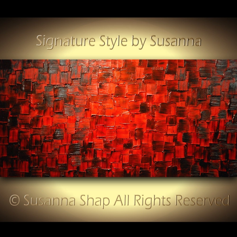 Original Large Abstract Fine Art on Canvas Textured Red Modern Palette Knife Painting Ready to Hang 48x24 by Susanna