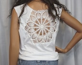 Upcycled Tshirt Doily Repurposed Tee White Lace Doily Boho Chic Style Altered T shirt  Small Medium